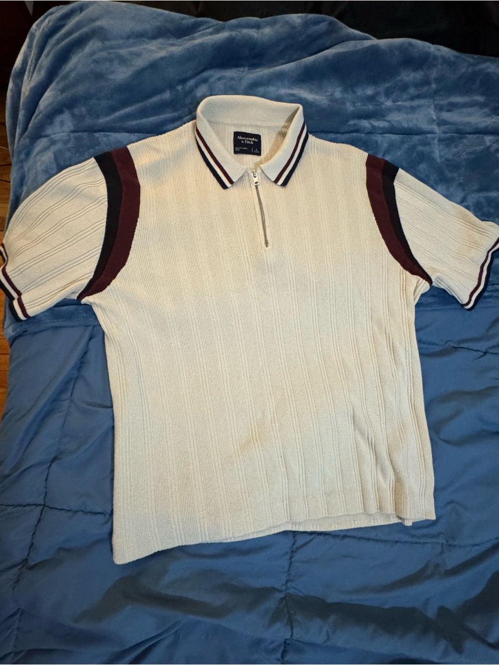 Abercrombie & Fitch Cream Knit Zip Polo with Burgundy Trim